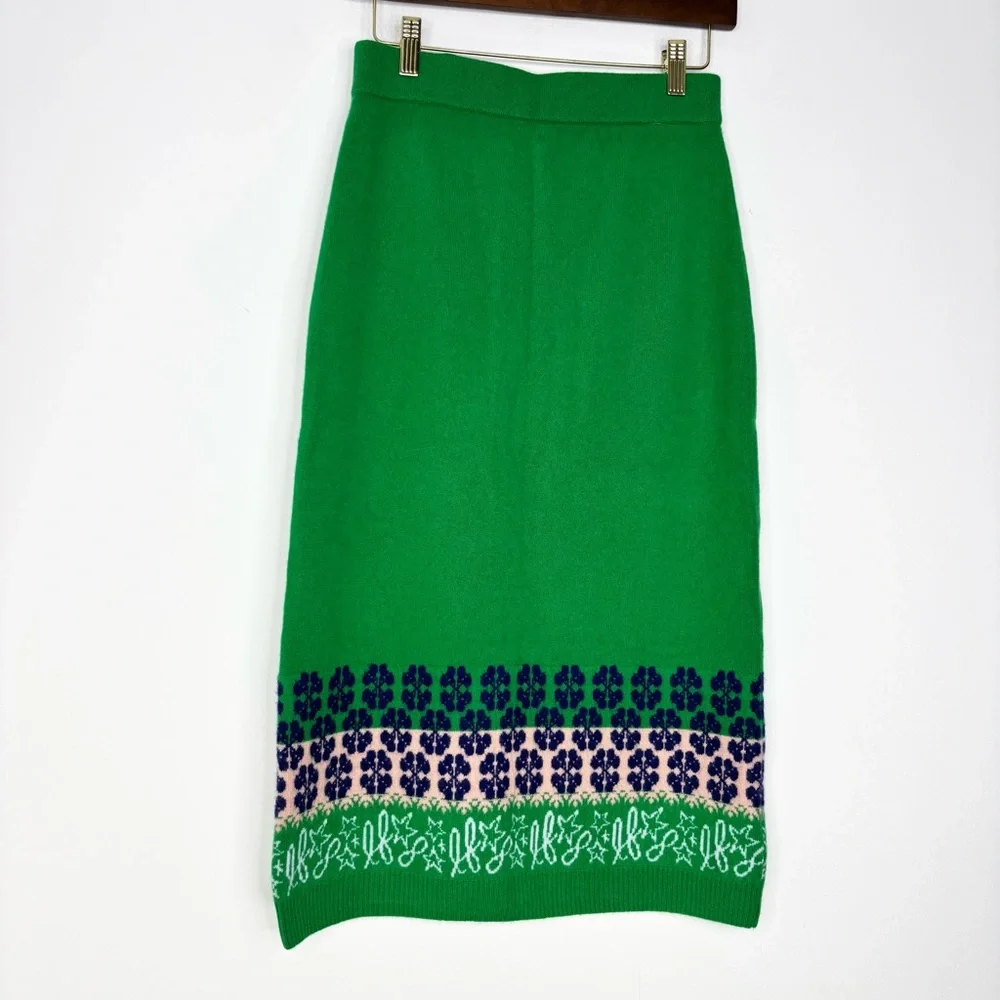 Lingua Franca Jacquard-Knit 100% Cashmere Midi Skirt – Green, Size Small New